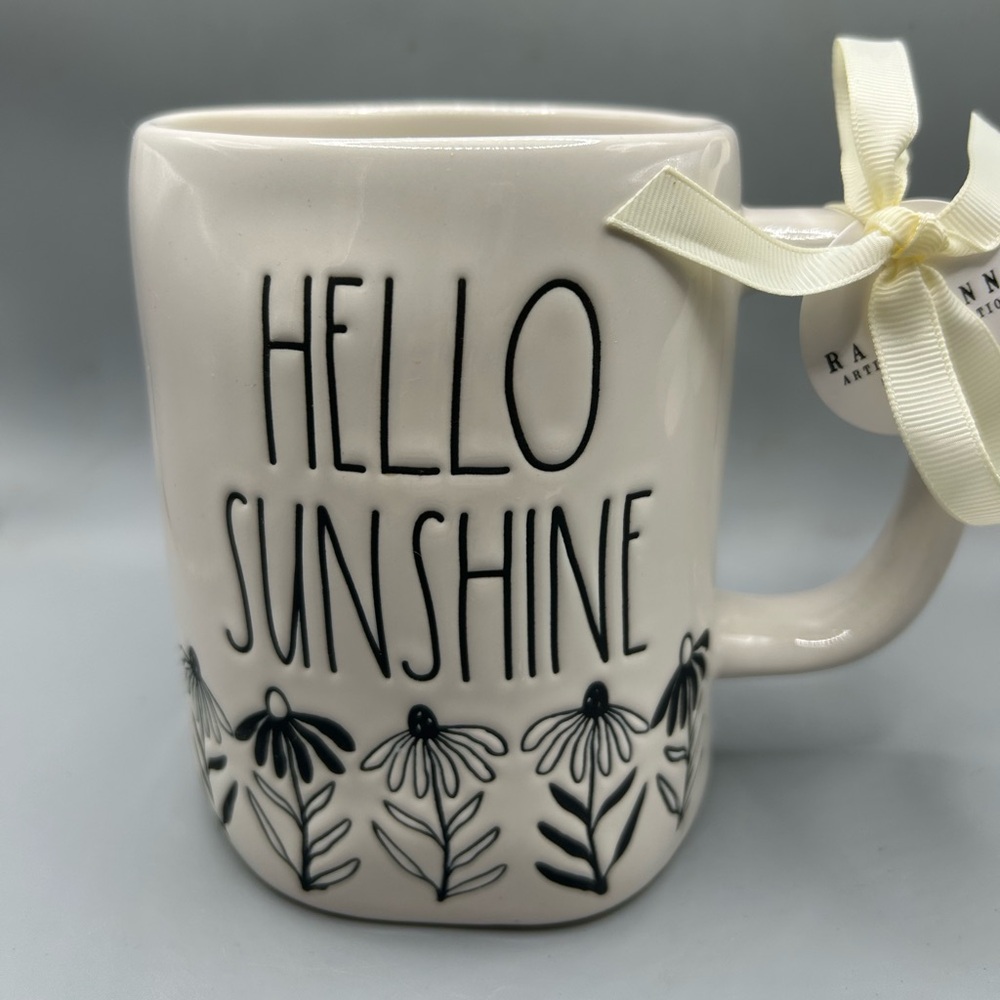 Rae Dunn HELLO SUNSHINE Mug With  Coneflower Daisy Floral Detail NEW